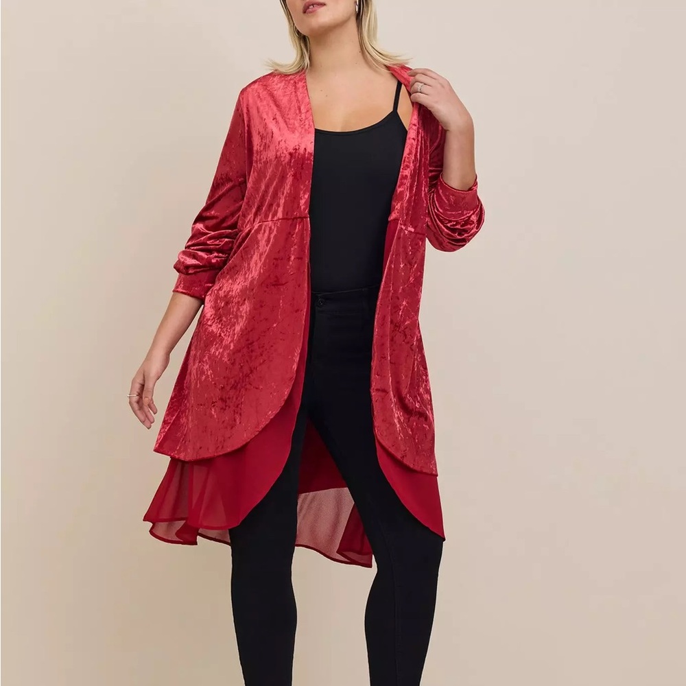 Torrid | Red Velvet Chiffon Mix Open Front Kimono Cardigan